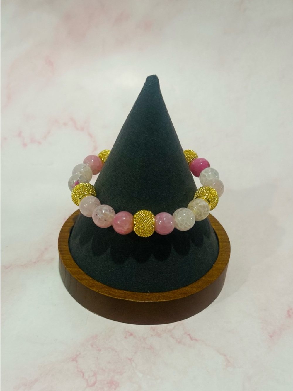 Pink Dragon Agate and Gold Beaded Stretch Bracelet